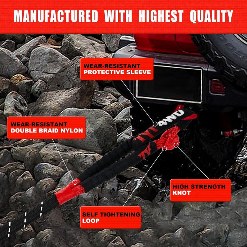 TYT Kinetic Recovery Rope,(1in x 30ft Black) 48000lbs Snatch Strap, Heavy Duty Stretch Nylon Towing Ropes with 2pcs Soft Shackles for Offroad Vehicle,Jeep,SUV,ATV,UTV,Tractor Elastic Ropes Kit - Image 2